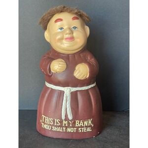 Vintage Friar Monk Piggy Bank Religious‎ Brown Good Thou Shalt Not Steal